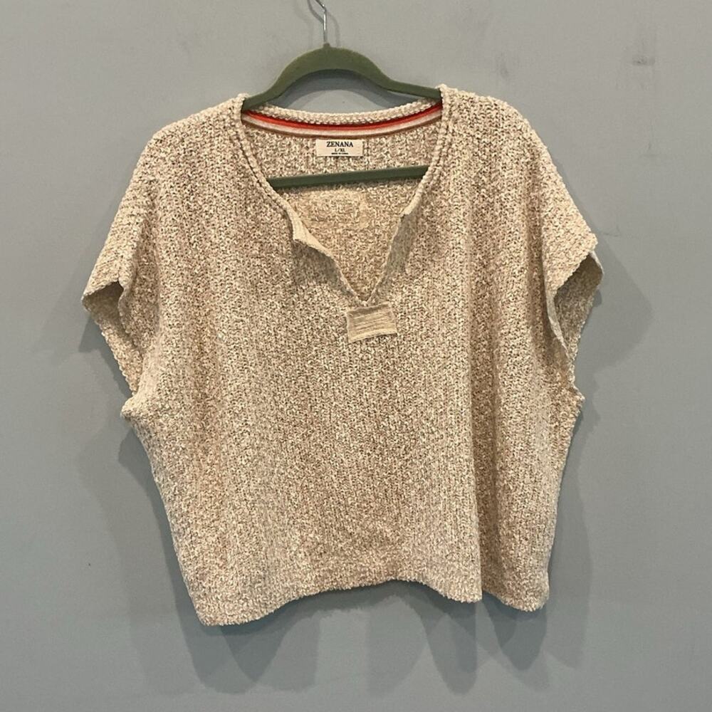 Zenana Short Sleeve Oversized Sweater L XL Cream Beige Boho Beach Casual Vacay - Picture 2 of 7
